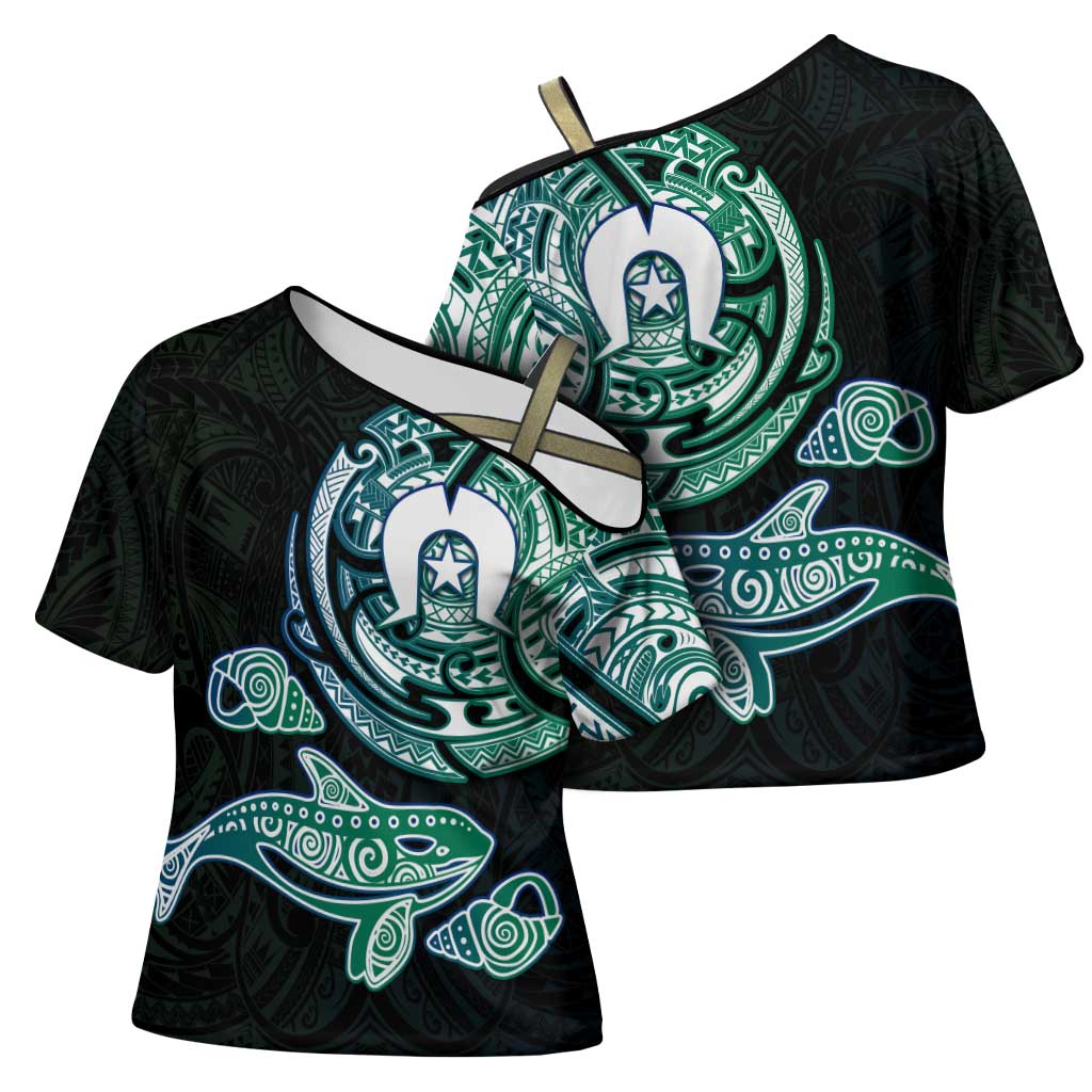 Whale and Dhari Torres Strait Islands Cross Shoulder Shirt Deep Green Oceanic Tribal Pattern Art
