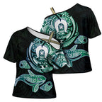 Whale and Dhari Torres Strait Islands Cross Shoulder Shirt Deep Green Oceanic Tribal Pattern Art