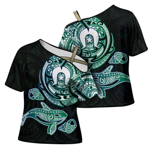 Whale and Dhari Torres Strait Islands Cross Shoulder Shirt Deep Green Oceanic Tribal Pattern Art