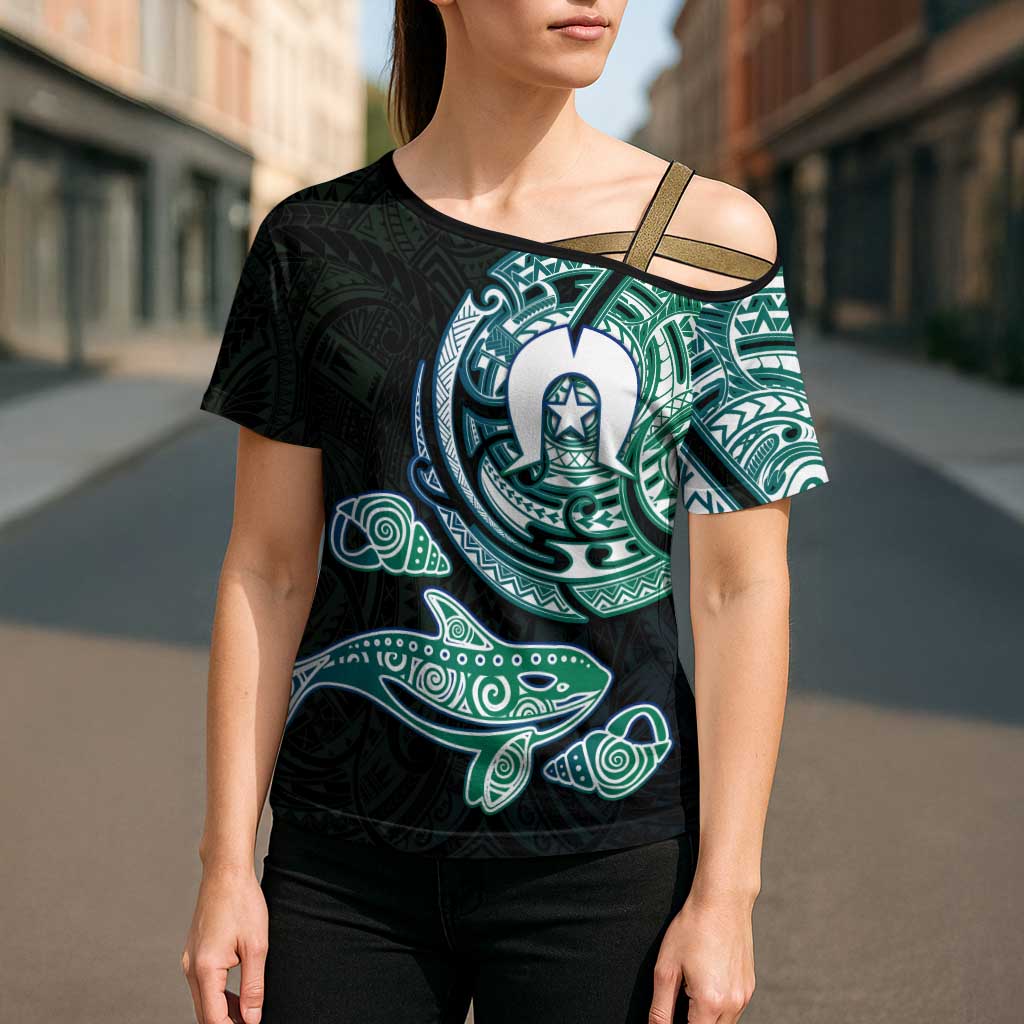 Whale and Dhari Torres Strait Islands Cross Shoulder Shirt Deep Green Oceanic Tribal Pattern Art
