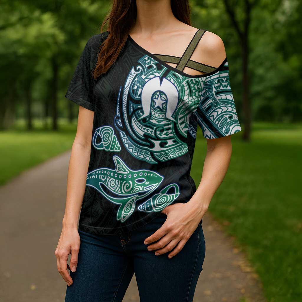 Whale and Dhari Torres Strait Islands Cross Shoulder Shirt Deep Green Oceanic Tribal Pattern Art