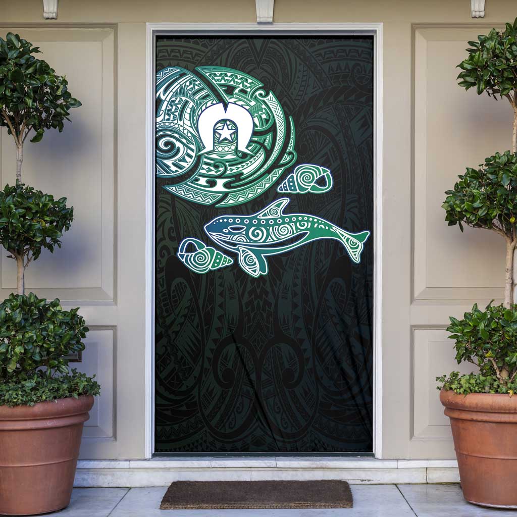 Whale and Dhari Torres Strait Islands Door Cover Deep Green Oceanic Tribal Pattern Art