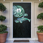 Whale and Dhari Torres Strait Islands Door Cover Deep Green Oceanic Tribal Pattern Art