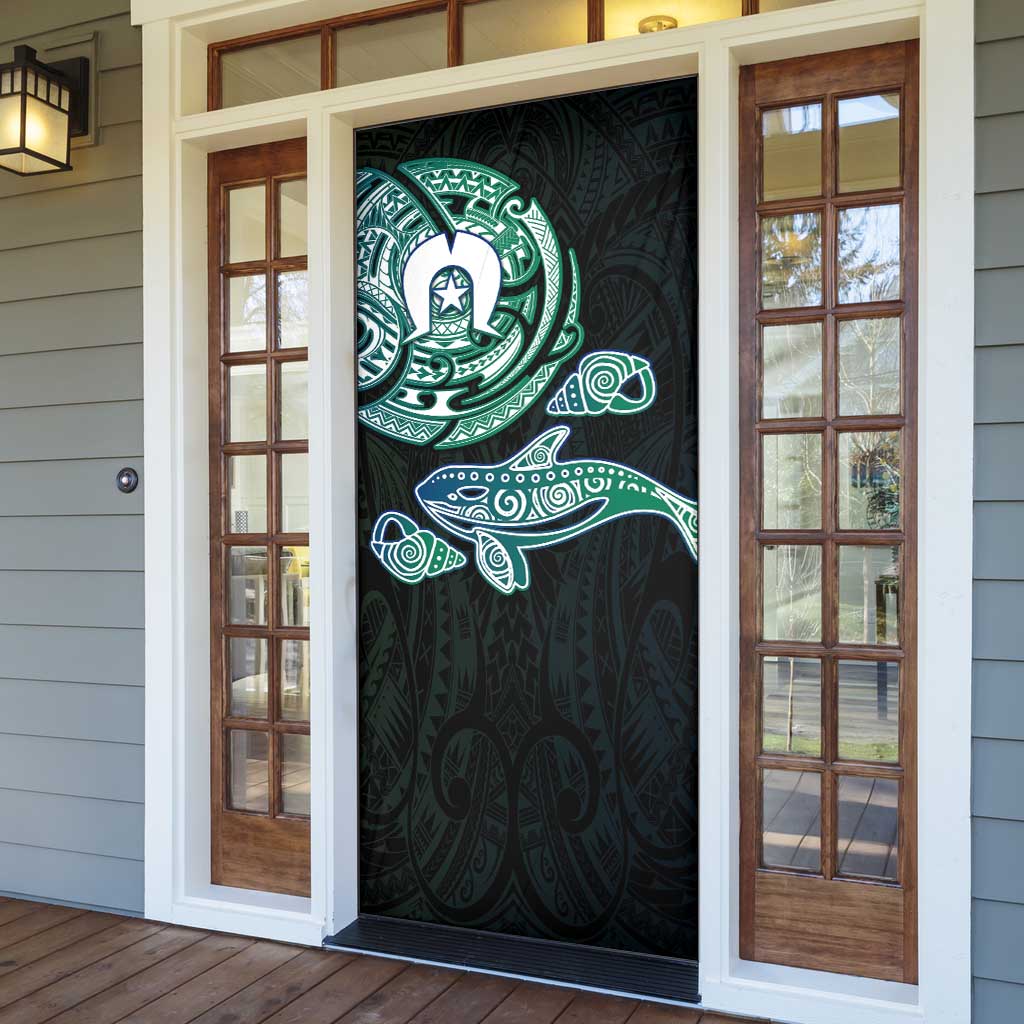 Whale and Dhari Torres Strait Islands Door Cover Deep Green Oceanic Tribal Pattern Art