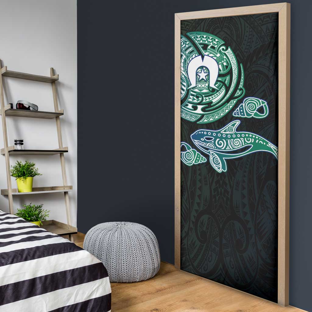Whale and Dhari Torres Strait Islands Door Cover Deep Green Oceanic Tribal Pattern Art