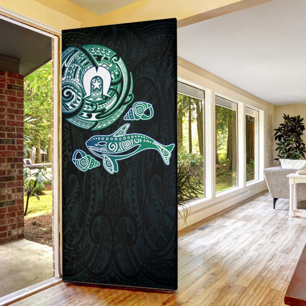 Whale and Dhari Torres Strait Islands Door Cover Deep Green Oceanic Tribal Pattern Art