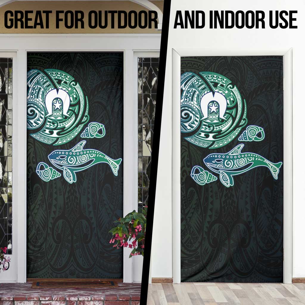 Whale and Dhari Torres Strait Islands Door Cover Deep Green Oceanic Tribal Pattern Art