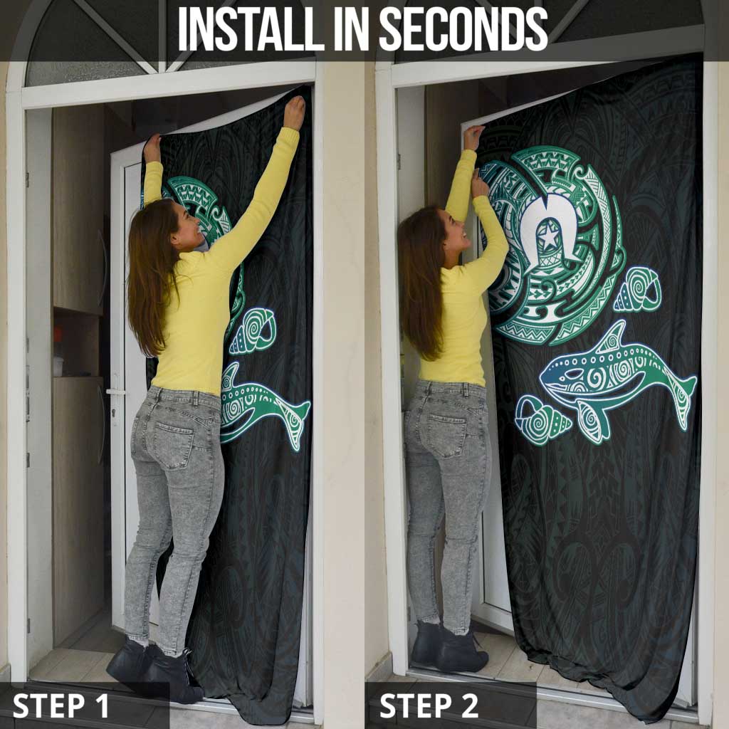 Whale and Dhari Torres Strait Islands Door Cover Deep Green Oceanic Tribal Pattern Art