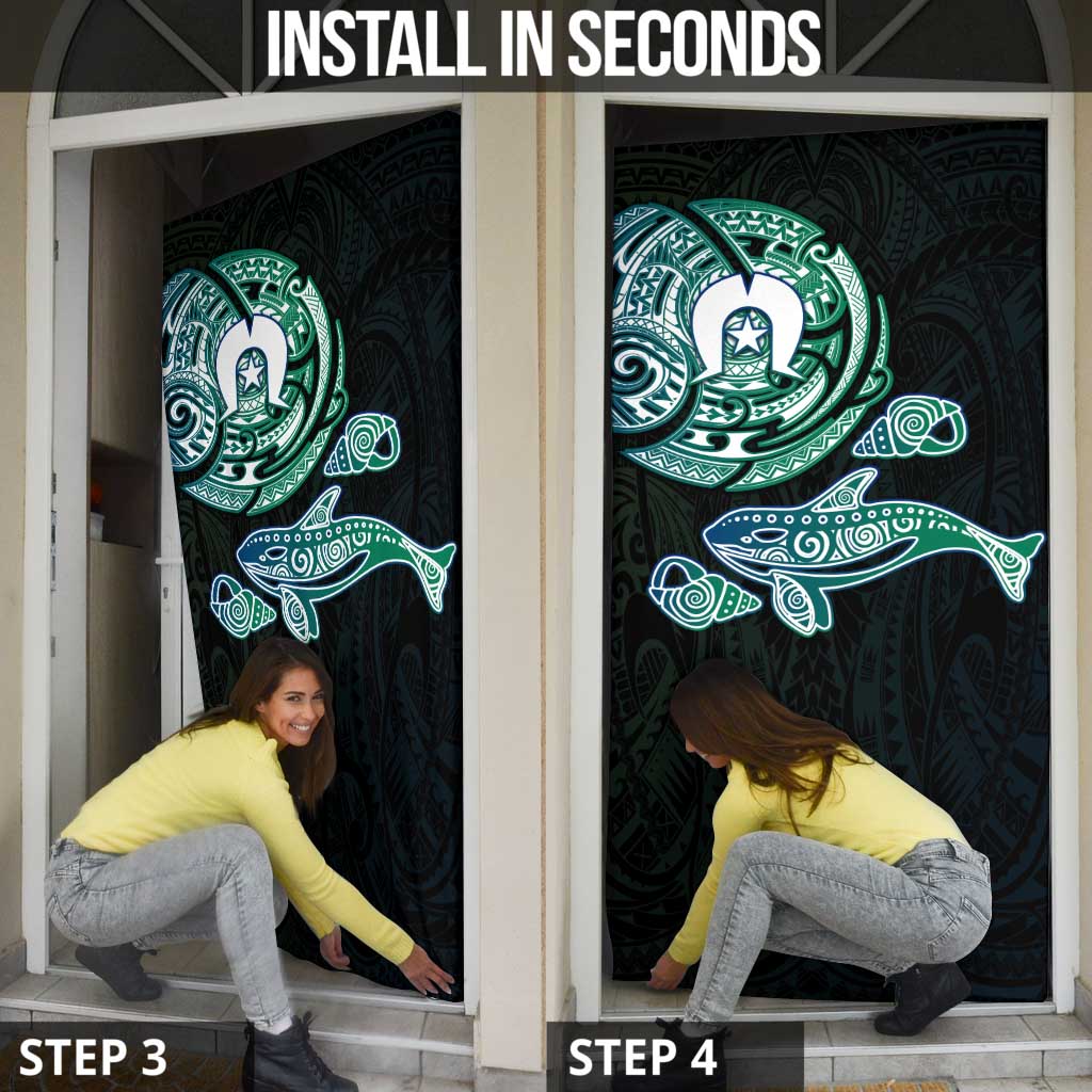 Whale and Dhari Torres Strait Islands Door Cover Deep Green Oceanic Tribal Pattern Art