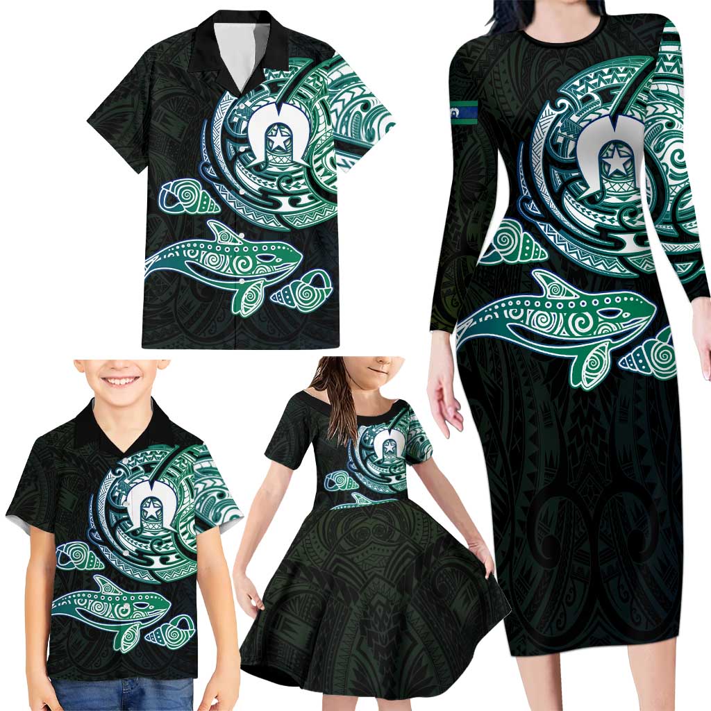 Whale and Dhari Torres Strait Islands Family Matching Long Sleeve Bodycon Dress and Hawaiian Shirt Deep Green Oceanic Tribal Pattern Art