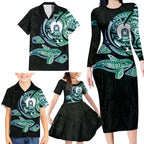 Whale and Dhari Torres Strait Islands Family Matching Long Sleeve Bodycon Dress and Hawaiian Shirt Deep Green Oceanic Tribal Pattern Art