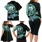 Whale and Dhari Torres Strait Islands Family Matching Long Sleeve Bodycon Dress and Hawaiian Shirt Deep Green Oceanic Tribal Pattern Art
