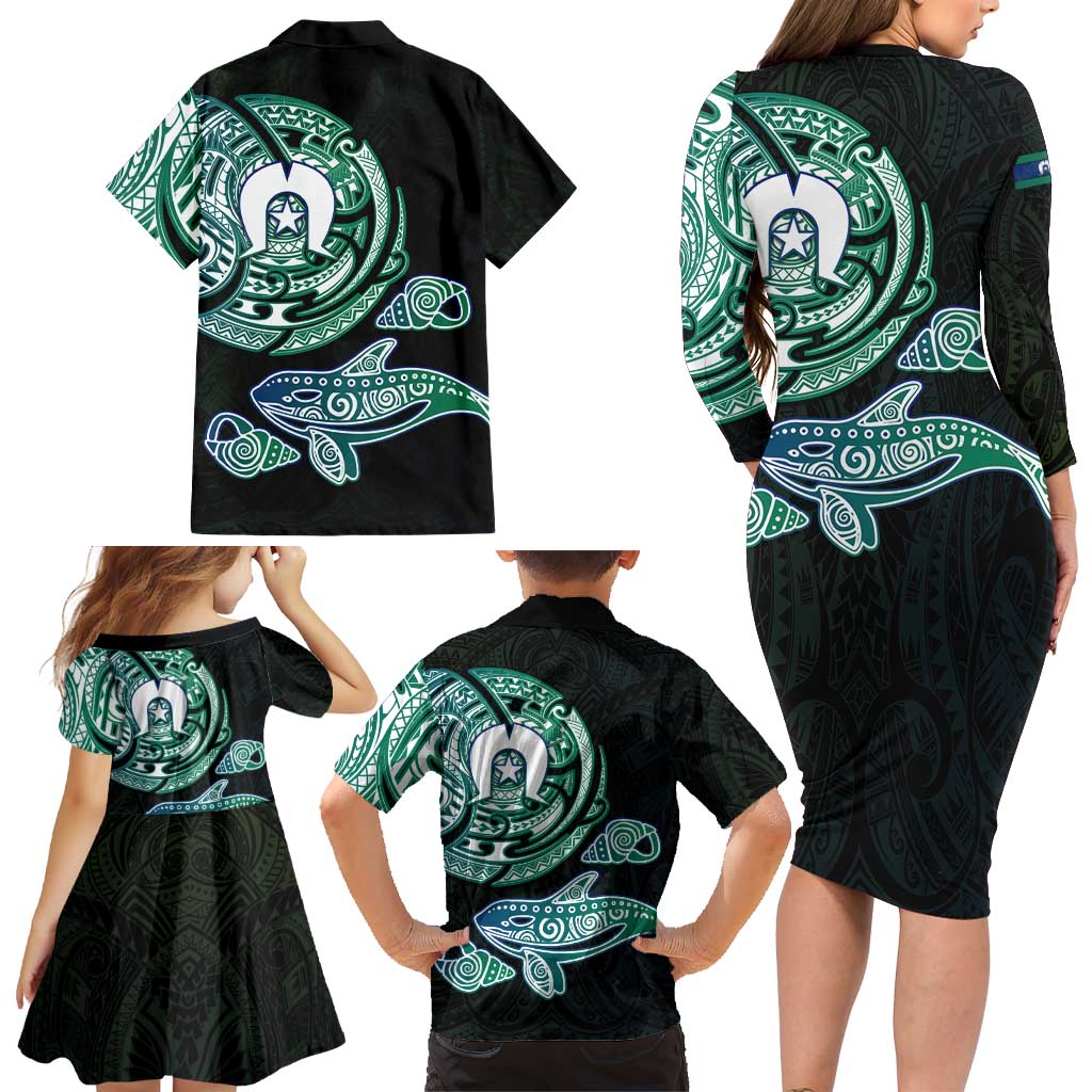 Whale and Dhari Torres Strait Islands Family Matching Long Sleeve Bodycon Dress and Hawaiian Shirt Deep Green Oceanic Tribal Pattern Art