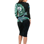 Whale and Dhari Torres Strait Islands Family Matching Long Sleeve Bodycon Dress and Hawaiian Shirt Deep Green Oceanic Tribal Pattern Art