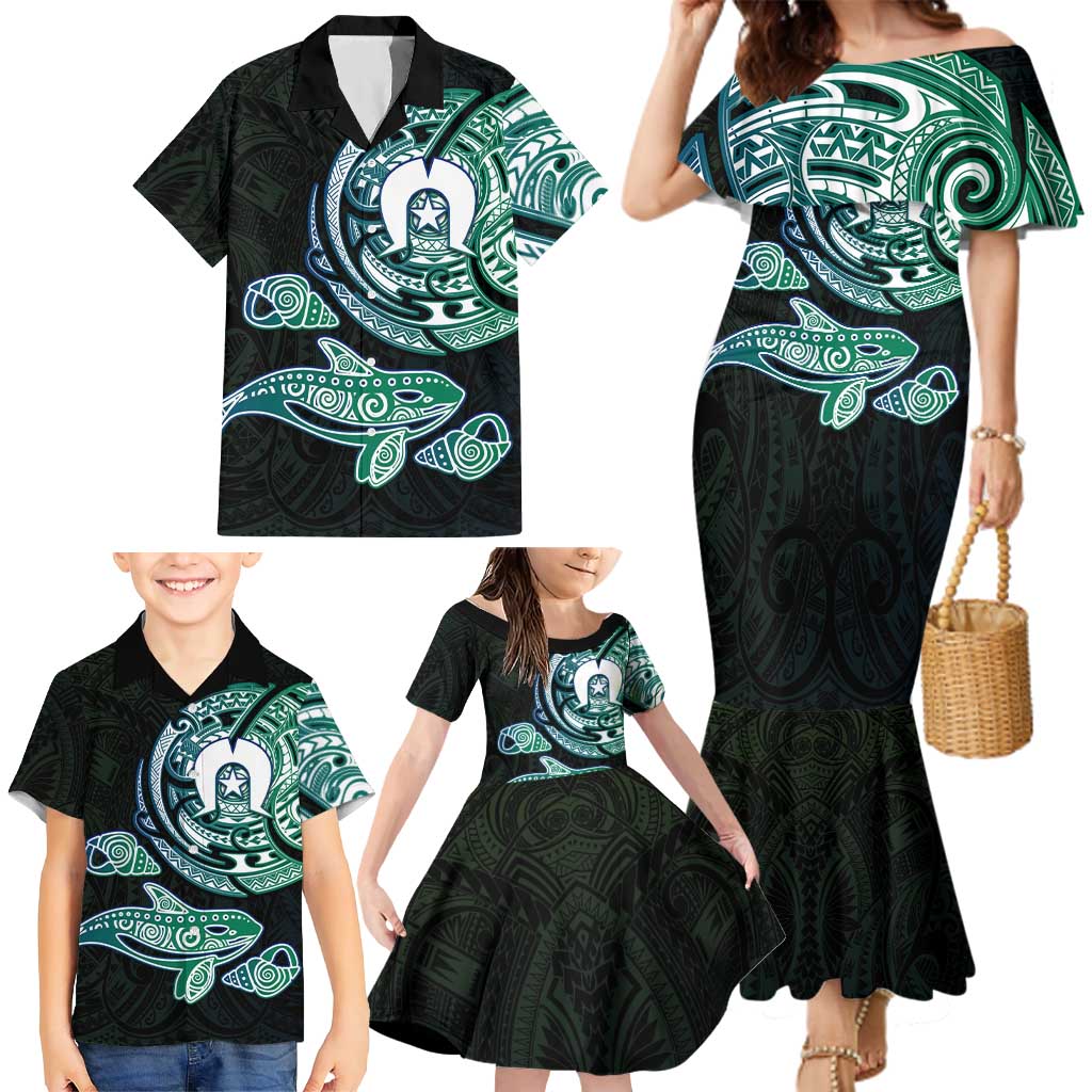 Whale and Dhari Torres Strait Islands Family Matching Mermaid Dress and Hawaiian Shirt Deep Green Oceanic Tribal Pattern Art