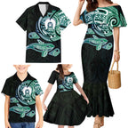 Whale and Dhari Torres Strait Islands Family Matching Mermaid Dress and Hawaiian Shirt Deep Green Oceanic Tribal Pattern Art