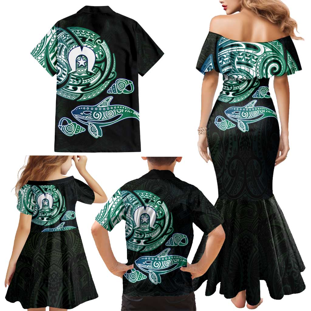 Whale and Dhari Torres Strait Islands Family Matching Mermaid Dress and Hawaiian Shirt Deep Green Oceanic Tribal Pattern Art