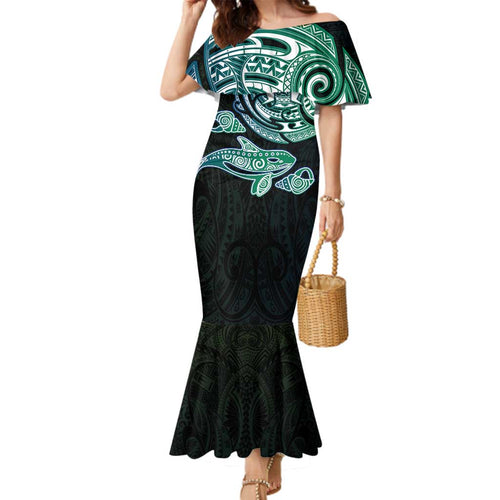Whale and Dhari Torres Strait Islands Family Matching Mermaid Dress and Hawaiian Shirt Deep Green Oceanic Tribal Pattern Art