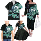 Whale and Dhari Torres Strait Islands Family Matching Off The Shoulder Long Sleeve Dress and Hawaiian Shirt Deep Green Oceanic Tribal Pattern Art