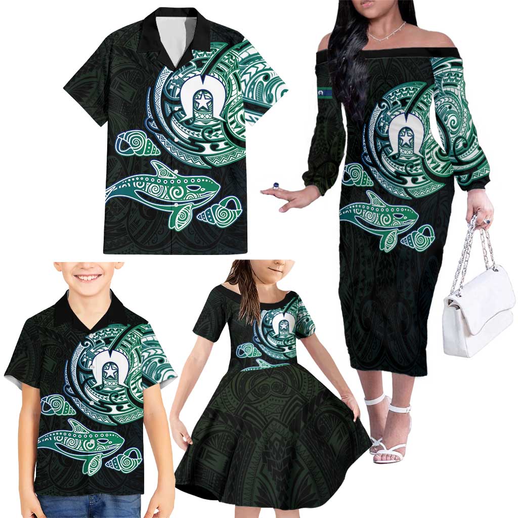 Whale and Dhari Torres Strait Islands Family Matching Off The Shoulder Long Sleeve Dress and Hawaiian Shirt Deep Green Oceanic Tribal Pattern Art