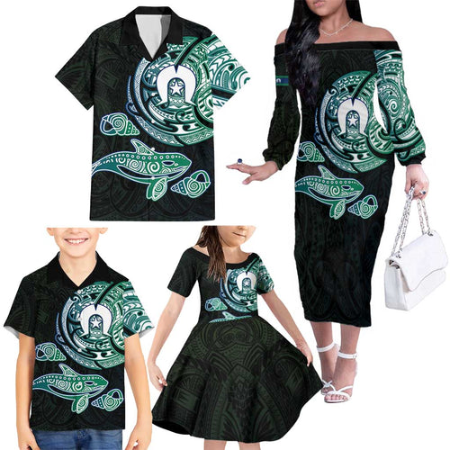 Whale and Dhari Torres Strait Islands Family Matching Off The Shoulder Long Sleeve Dress and Hawaiian Shirt Deep Green Oceanic Tribal Pattern Art