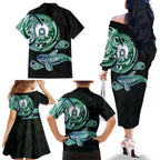 Whale and Dhari Torres Strait Islands Family Matching Off The Shoulder Long Sleeve Dress and Hawaiian Shirt Deep Green Oceanic Tribal Pattern Art