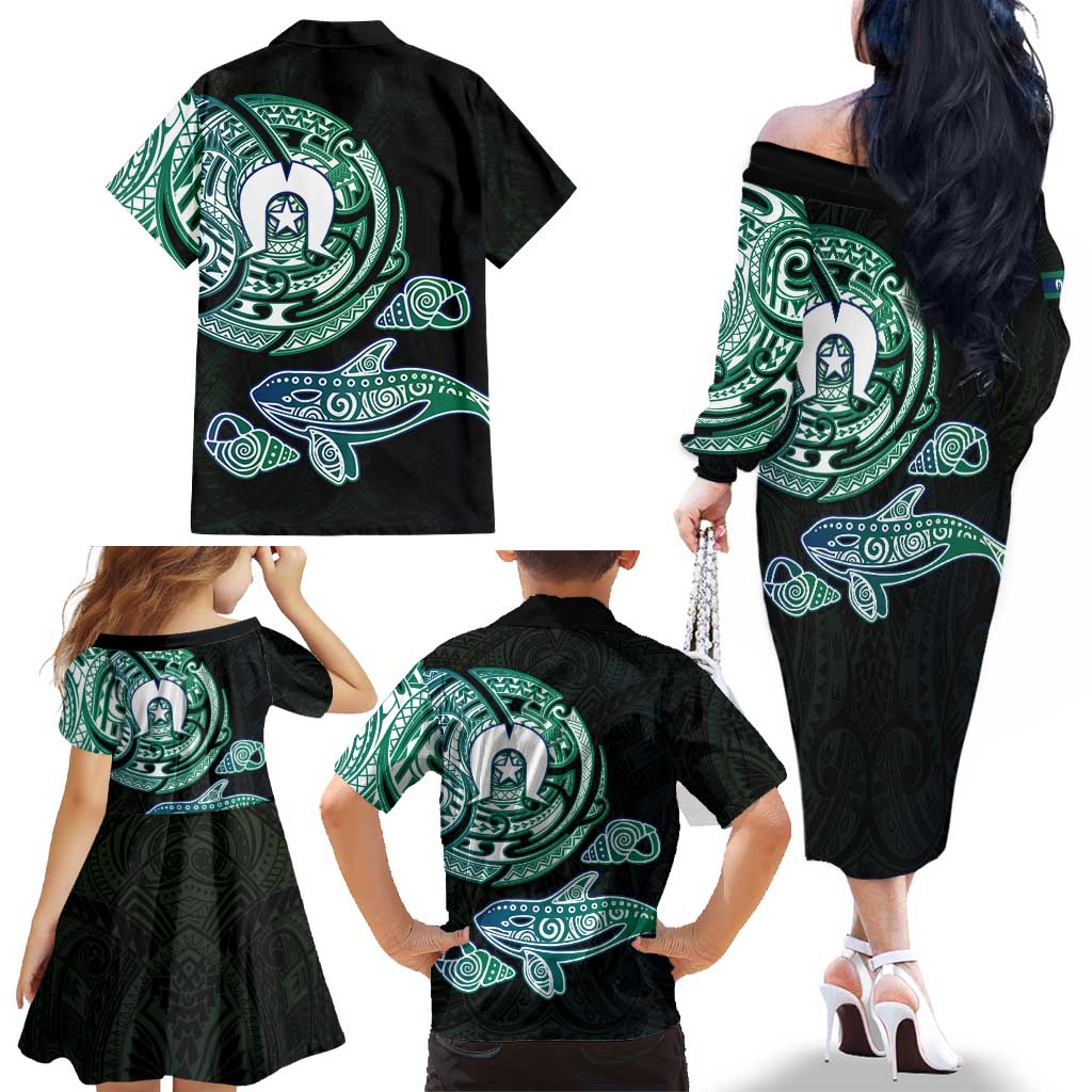 Whale and Dhari Torres Strait Islands Family Matching Off The Shoulder Long Sleeve Dress and Hawaiian Shirt Deep Green Oceanic Tribal Pattern Art
