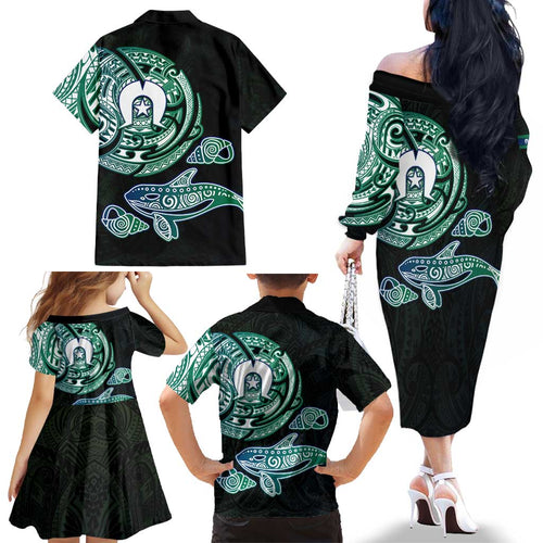 Whale and Dhari Torres Strait Islands Family Matching Off The Shoulder Long Sleeve Dress and Hawaiian Shirt Deep Green Oceanic Tribal Pattern Art
