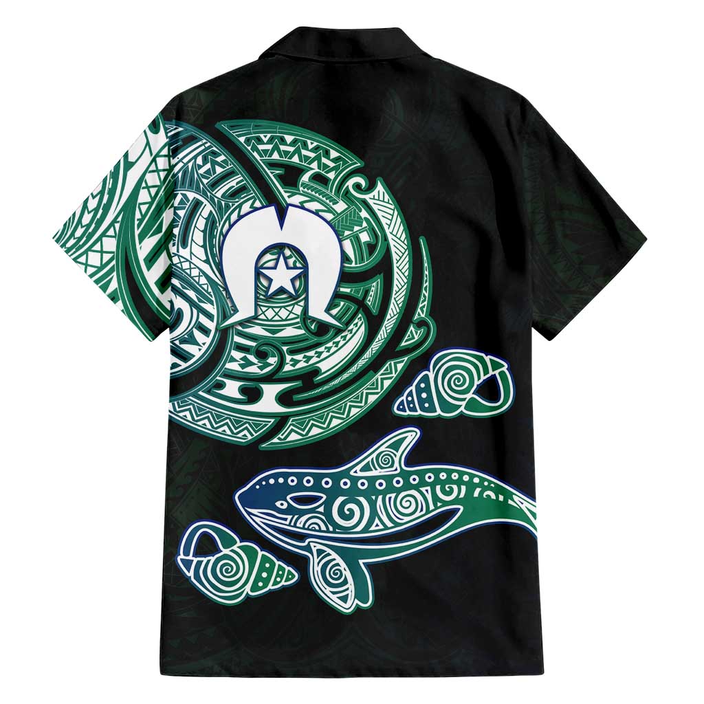 Whale and Dhari Torres Strait Islands Family Matching Off The Shoulder Long Sleeve Dress and Hawaiian Shirt Deep Green Oceanic Tribal Pattern Art