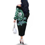 Whale and Dhari Torres Strait Islands Family Matching Off The Shoulder Long Sleeve Dress and Hawaiian Shirt Deep Green Oceanic Tribal Pattern Art