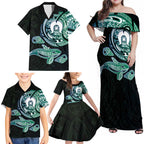 Whale and Dhari Torres Strait Islands Family Matching Off Shoulder Maxi Dress and Hawaiian Shirt Deep Green Oceanic Tribal Pattern Art