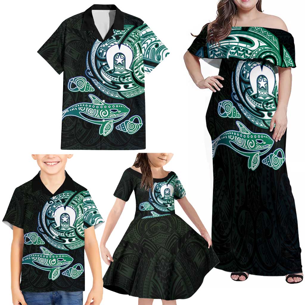 Whale and Dhari Torres Strait Islands Family Matching Off Shoulder Maxi Dress and Hawaiian Shirt Deep Green Oceanic Tribal Pattern Art