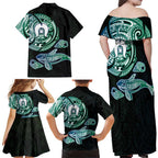 Whale and Dhari Torres Strait Islands Family Matching Off Shoulder Maxi Dress and Hawaiian Shirt Deep Green Oceanic Tribal Pattern Art