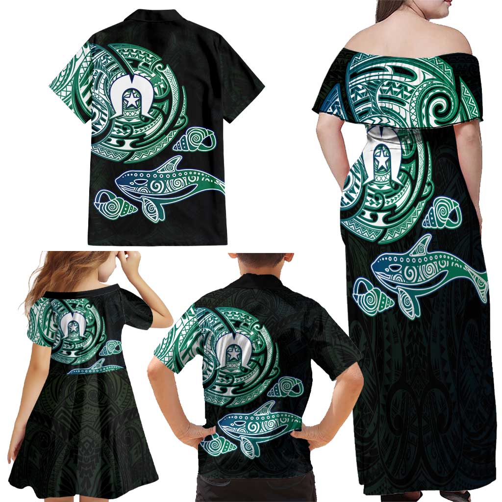 Whale and Dhari Torres Strait Islands Family Matching Off Shoulder Maxi Dress and Hawaiian Shirt Deep Green Oceanic Tribal Pattern Art