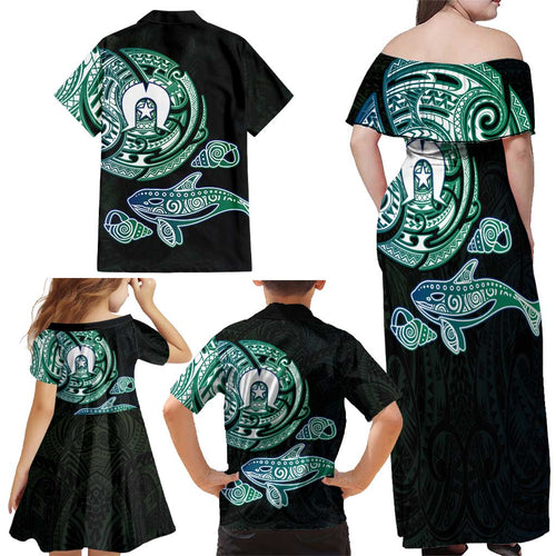 Whale and Dhari Torres Strait Islands Family Matching Off Shoulder Maxi Dress and Hawaiian Shirt Deep Green Oceanic Tribal Pattern Art