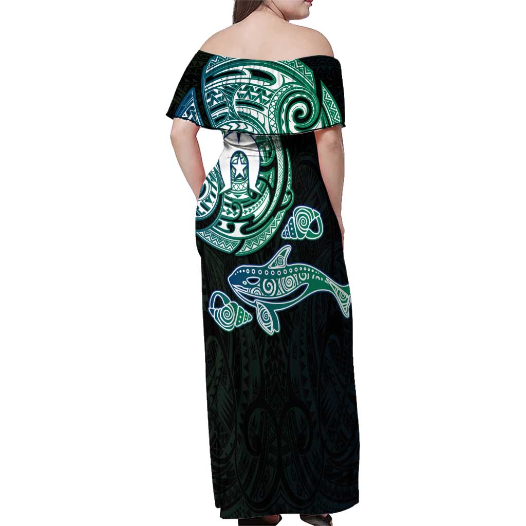 Whale and Dhari Torres Strait Islands Family Matching Off Shoulder Maxi Dress and Hawaiian Shirt Deep Green Oceanic Tribal Pattern Art