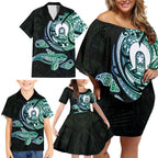 Whale and Dhari Torres Strait Islands Family Matching Off Shoulder Short Dress and Hawaiian Shirt Deep Green Oceanic Tribal Pattern Art