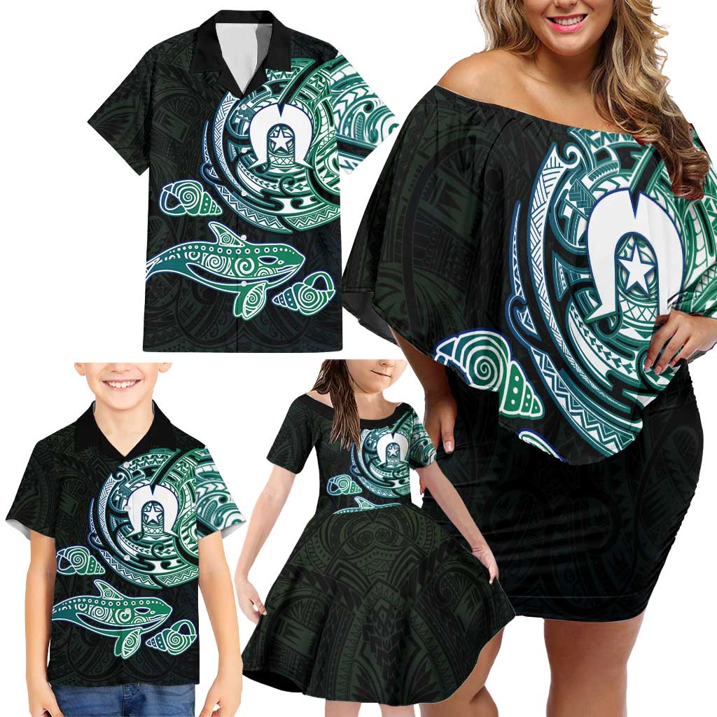 Whale and Dhari Torres Strait Islands Family Matching Off Shoulder Short Dress and Hawaiian Shirt Deep Green Oceanic Tribal Pattern Art