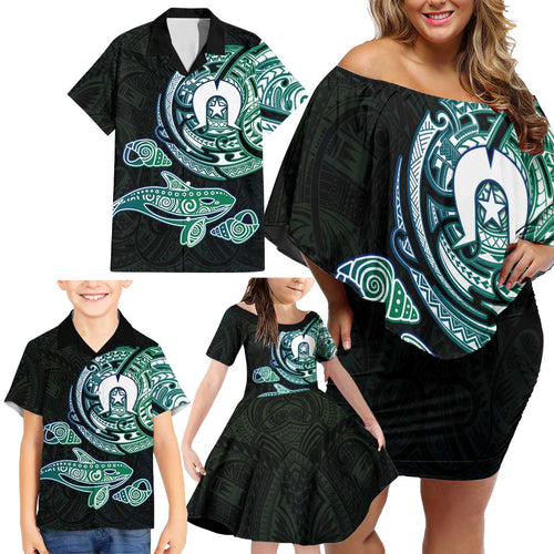 Whale and Dhari Torres Strait Islands Family Matching Off Shoulder Short Dress and Hawaiian Shirt Deep Green Oceanic Tribal Pattern Art