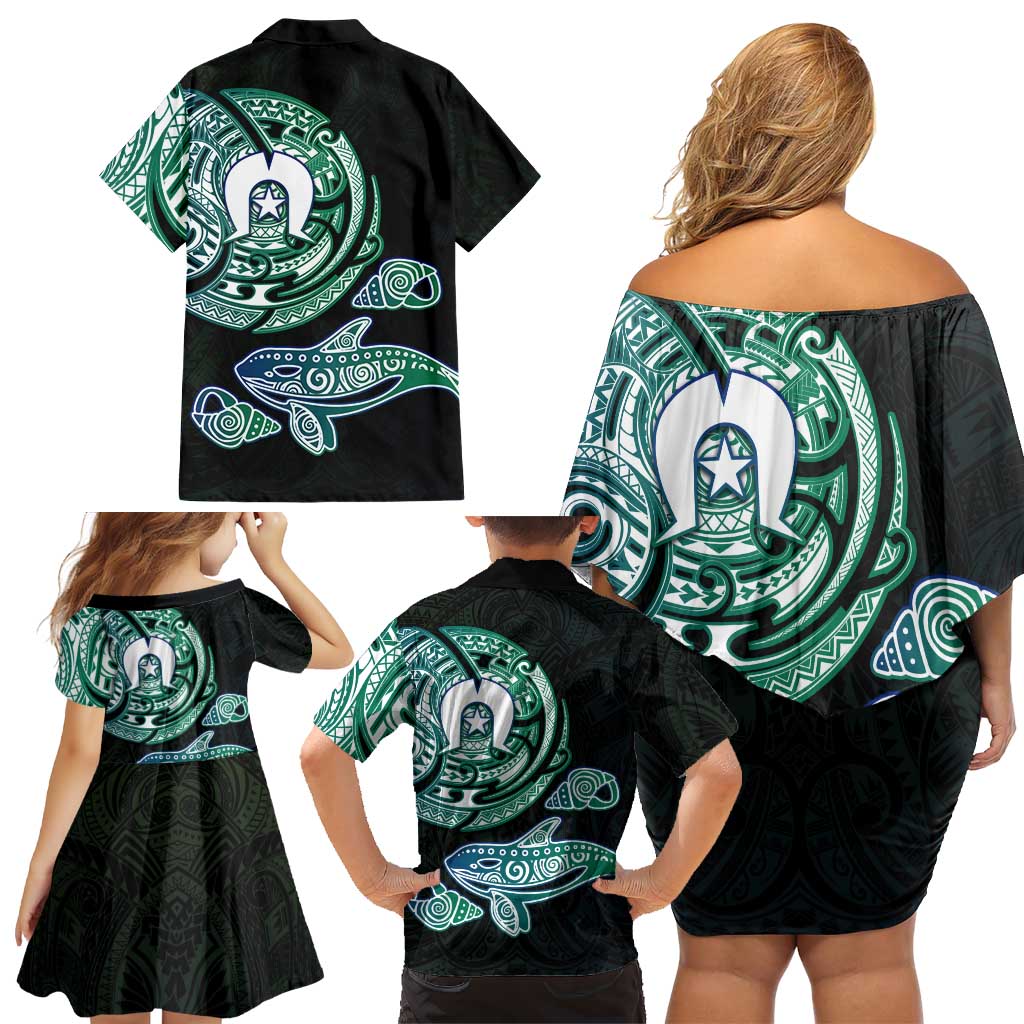 Whale and Dhari Torres Strait Islands Family Matching Off Shoulder Short Dress and Hawaiian Shirt Deep Green Oceanic Tribal Pattern Art