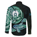 Whale and Dhari Torres Strait Islands Family Matching Off Shoulder Short Dress and Hawaiian Shirt Deep Green Oceanic Tribal Pattern Art