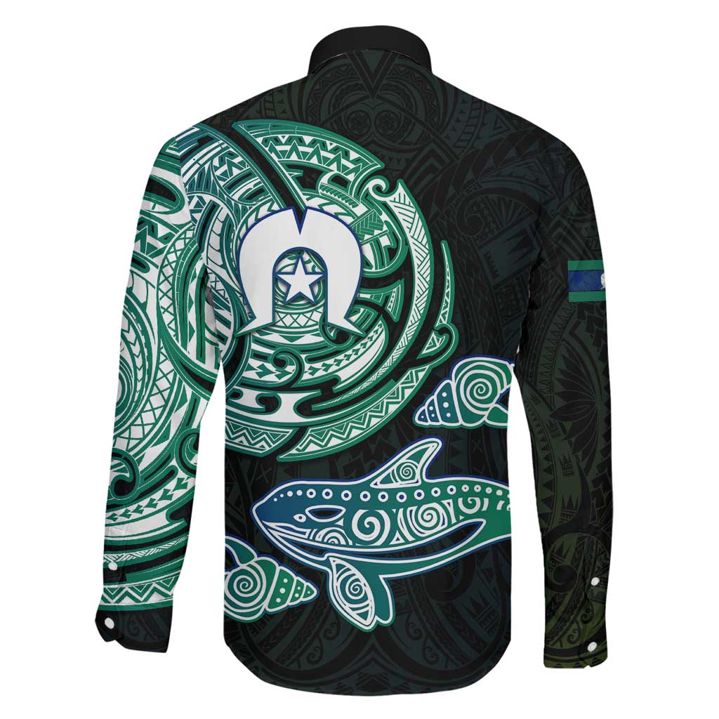 Whale and Dhari Torres Strait Islands Family Matching Off Shoulder Short Dress and Hawaiian Shirt Deep Green Oceanic Tribal Pattern Art