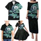 Whale and Dhari Torres Strait Islands Family Matching Puletasi and Hawaiian Shirt Deep Green Oceanic Tribal Pattern Art