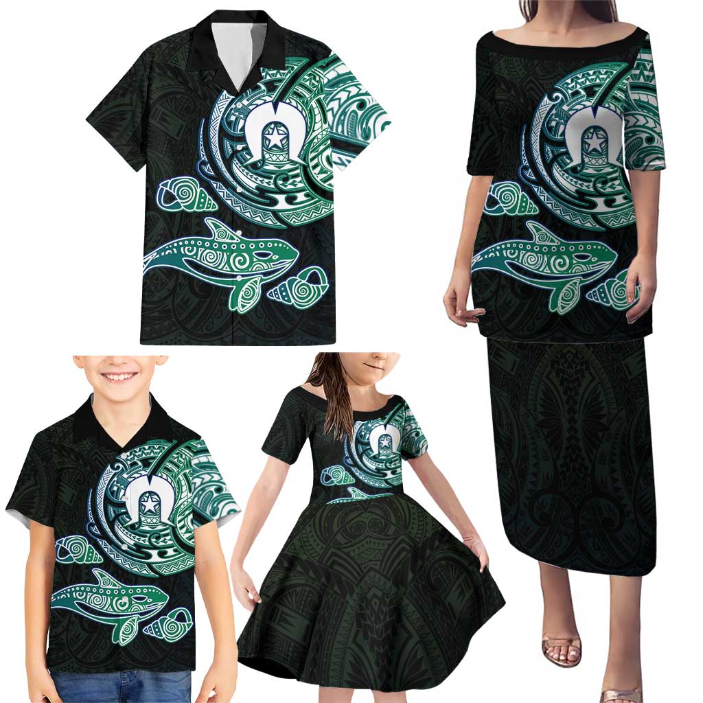 Whale and Dhari Torres Strait Islands Family Matching Puletasi and Hawaiian Shirt Deep Green Oceanic Tribal Pattern Art