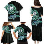 Whale and Dhari Torres Strait Islands Family Matching Puletasi and Hawaiian Shirt Deep Green Oceanic Tribal Pattern Art