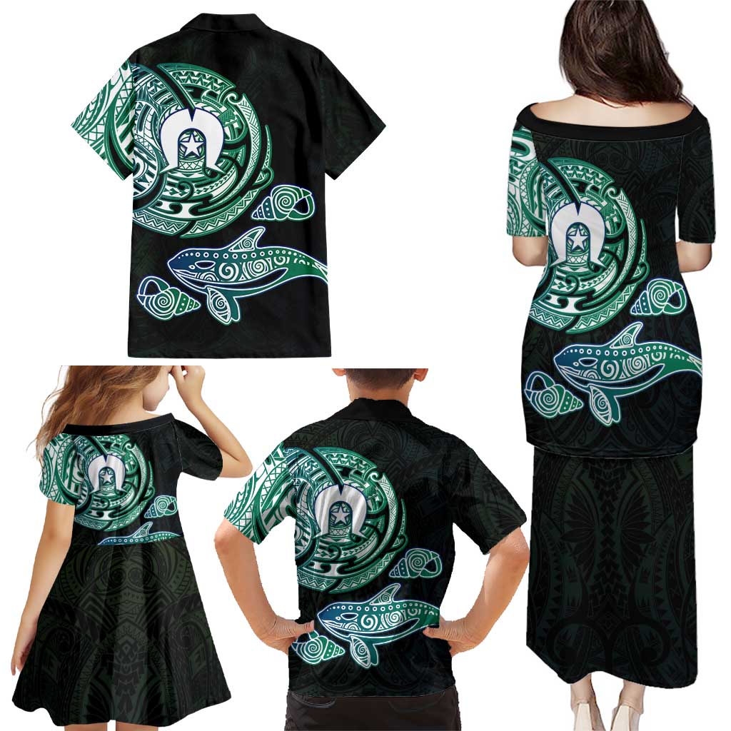 Whale and Dhari Torres Strait Islands Family Matching Puletasi and Hawaiian Shirt Deep Green Oceanic Tribal Pattern Art