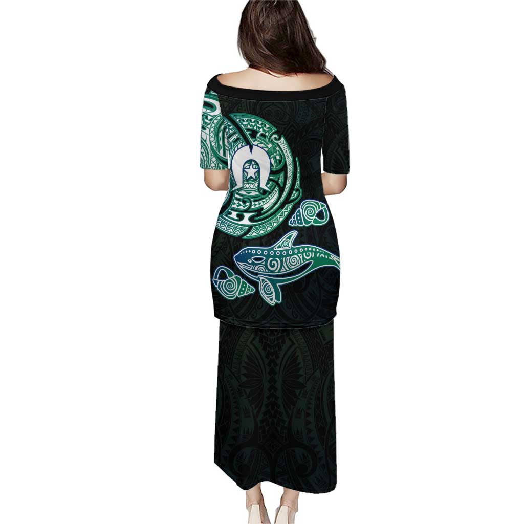 Whale and Dhari Torres Strait Islands Family Matching Puletasi and Hawaiian Shirt Deep Green Oceanic Tribal Pattern Art