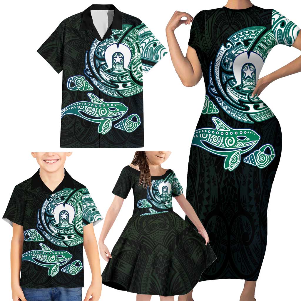 Whale and Dhari Torres Strait Islands Family Matching Short Sleeve Bodycon Dress and Hawaiian Shirt Deep Green Oceanic Tribal Pattern Art