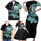 Whale and Dhari Torres Strait Islands Family Matching Short Sleeve Bodycon Dress and Hawaiian Shirt Deep Green Oceanic Tribal Pattern Art