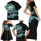 Whale and Dhari Torres Strait Islands Family Matching Short Sleeve Bodycon Dress and Hawaiian Shirt Deep Green Oceanic Tribal Pattern Art